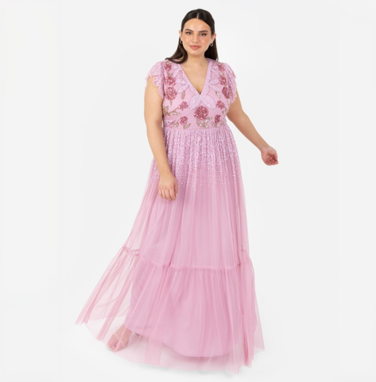 PRE-ORDER Pink Rose Embellished Flutter Maxi Dress