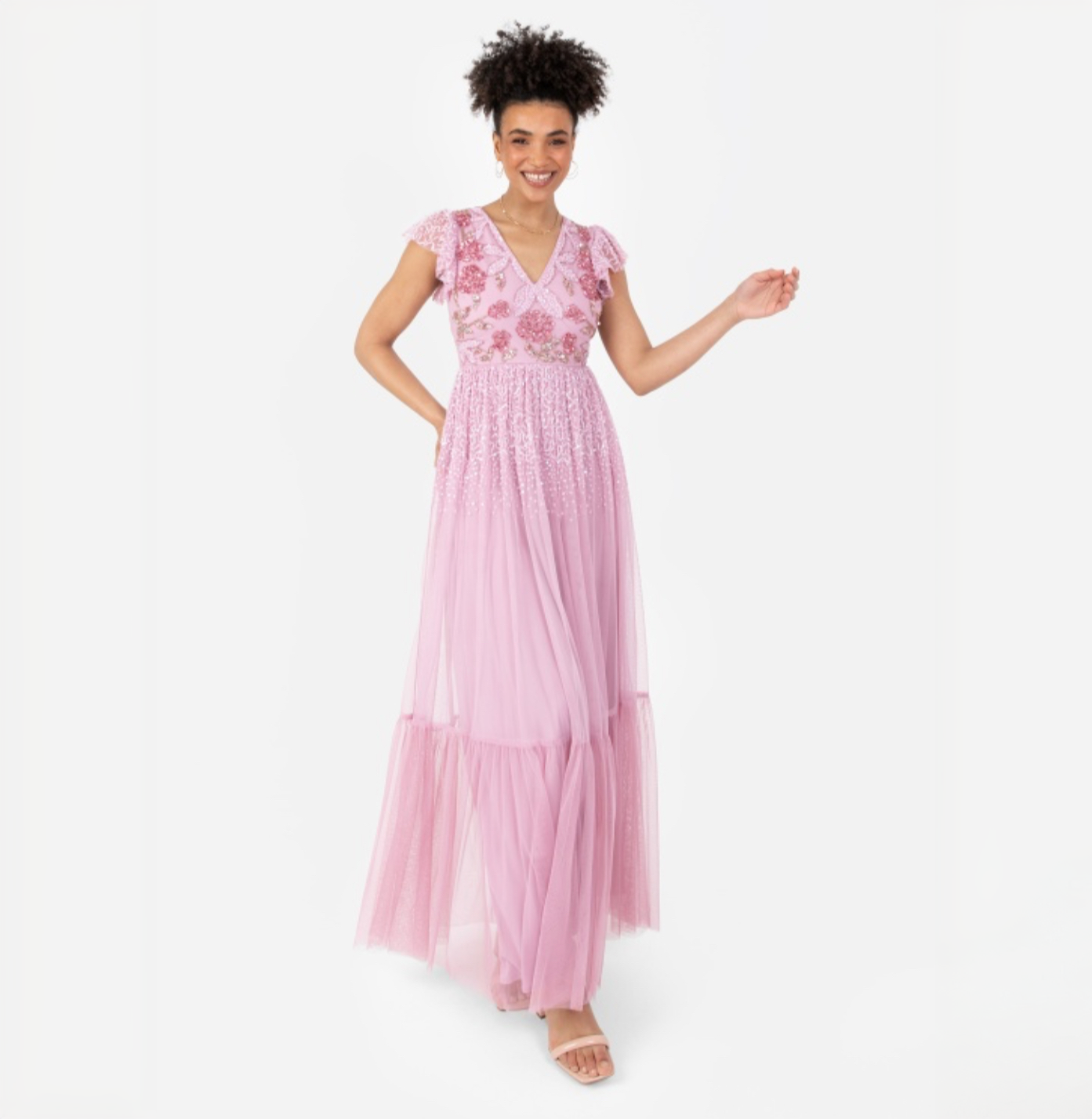 PRE-ORDER Pink Rose Embellished Flutter Maxi Dress